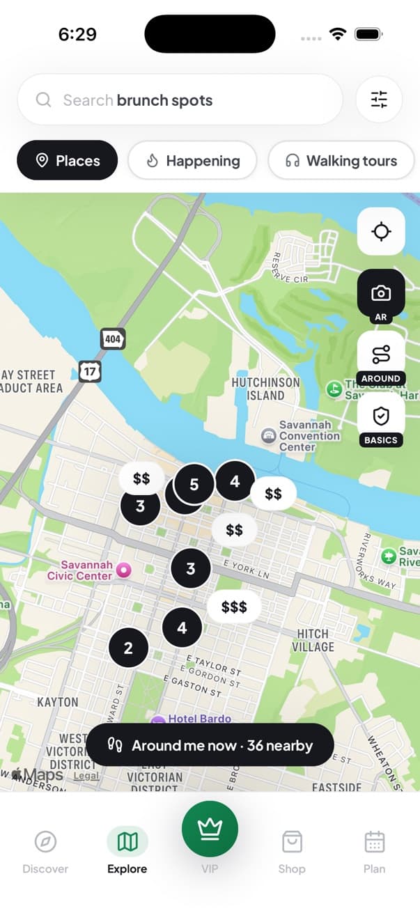 The app’s Explore map of downtown Savannah, with places nearby