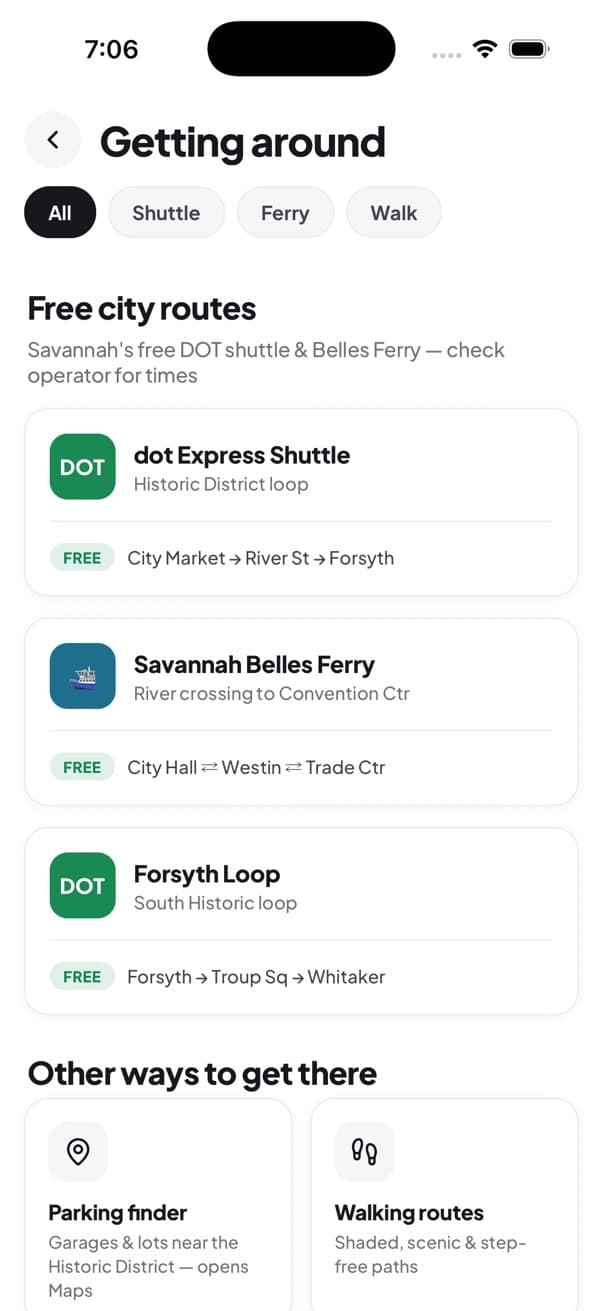 The Getting around screen listing Savannah’s free shuttle and ferry routes
