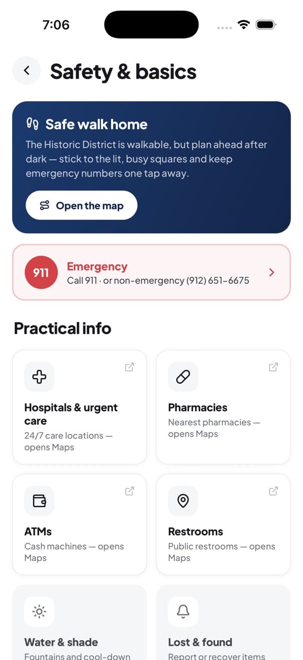 The Safety and basics screen with emergency numbers and practical info
