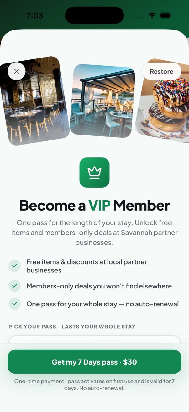 The VIP pass sheet in the Savannah In My Pocket app, headed “Become a VIP Member”